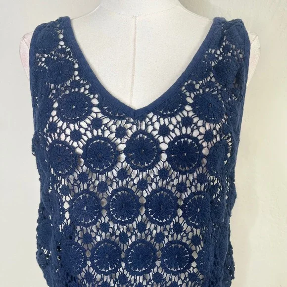 Victorias Secret Navy Blue Crochet Lace Romper Swim Cover Up Large Tassels - Picture 2 of 6